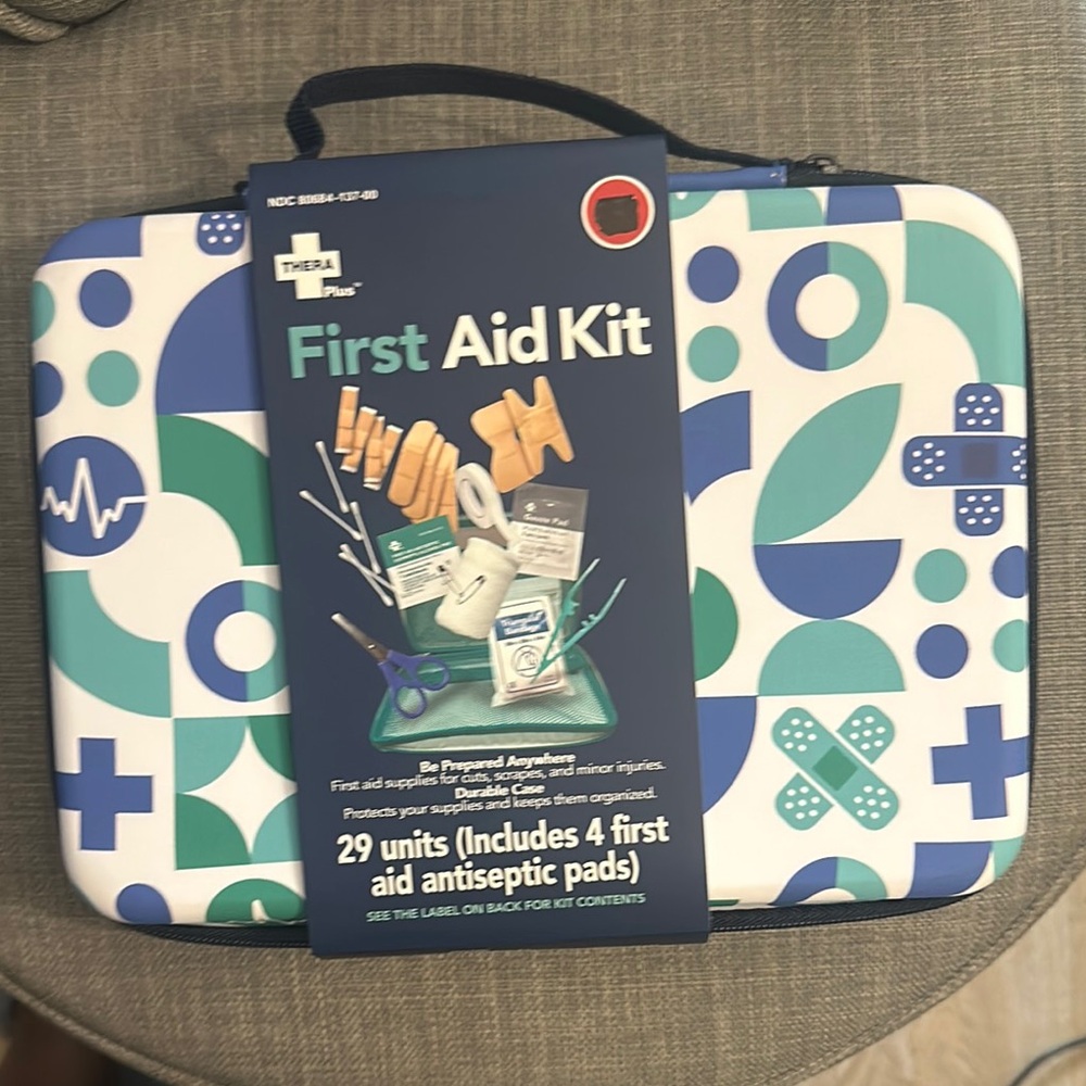 Compact Blue and Green and White First Aid Kit with Geometric Design